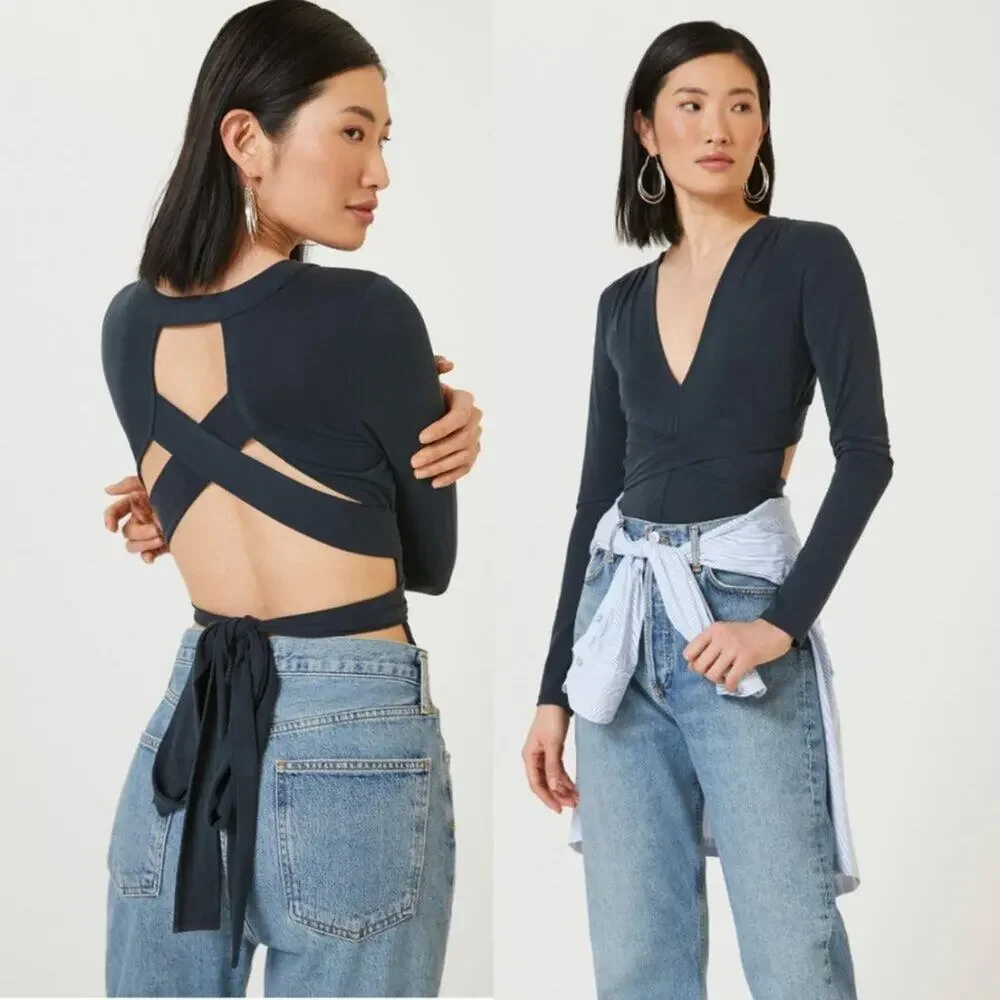 Anthropologie Black Open-Back Wrap Bodysuit